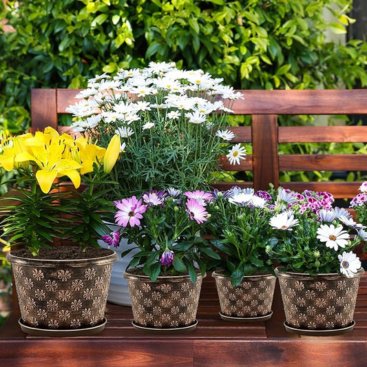 16 Inch Planter Pots for Plants, Plastic Large Flower Pots Indoor Outdoor, 4 Pack Resin Plant Pot with Drainage & Saucer, Retro Decorative Garden Pot with Removable Trays for House