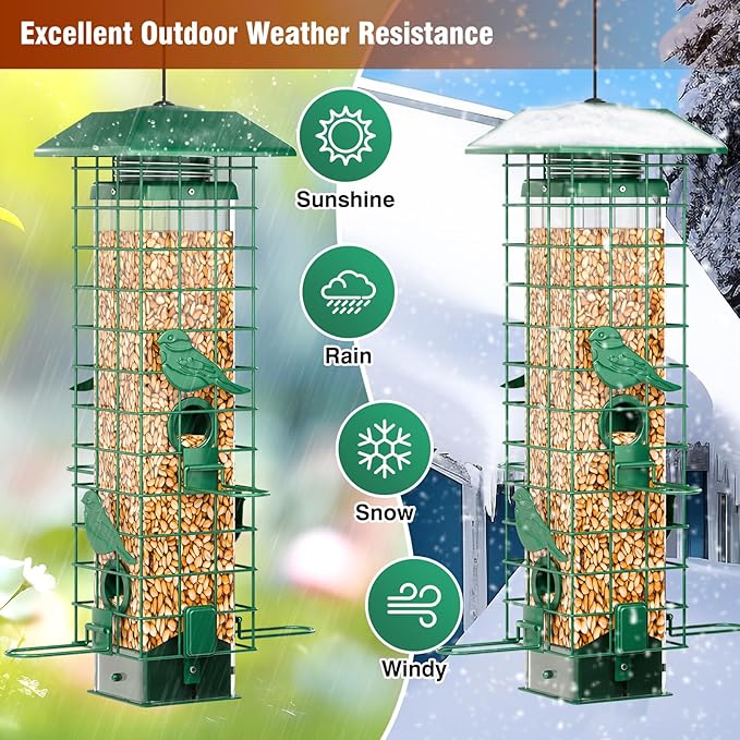 Squirrel Proof Bird Feeder, Metal Bird Feeders for Outdoors Hanging, Weight Activated, 3Lb Capacity, 4 Ports, All-Weather Tube Bird Feeder for Outside, Cardinal Finch Bluebird Wild Bird Feeder