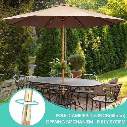 9ft Bamboo Umbrella, Outdoor Patio Umbrella, Waterproof Market Umbrella, 8 Ribs Table Umbrella with Pulley Lift for Garden, Deck, Pool, lawn, Backyard