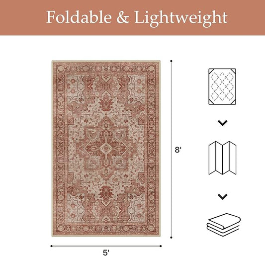 GENIMO Outdoor & Indoor Area Rug 5'x8', Waterproof, Non-Shedding, Easy Cleaning, Boho Mat for Patio, Living Room, Balcony, Dining Room, RV, Deck, Bedroom, Camping, Outside Carpet,Brown Red