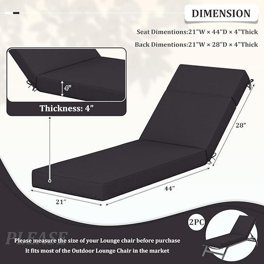 2 Pcs Chaise Lounge Cushions Outdoor, 72" L X 21" W X 4" D Lounge Chair Cushions for Outdoor Furniture, High-Density Foam Patio Chaise Cushion-Waterproof Fade-Resistant ThickPatio lounge chair cushion
