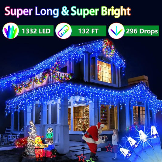 132FT 1332 LED Outdoor Christmas Lights - 296 Ice Drops, 12 Pro Modes with Timer Memory & Brightness, Waterproof Hanging Ice String Light for Holiday Wedding Garden Fence House Decor (Blue)