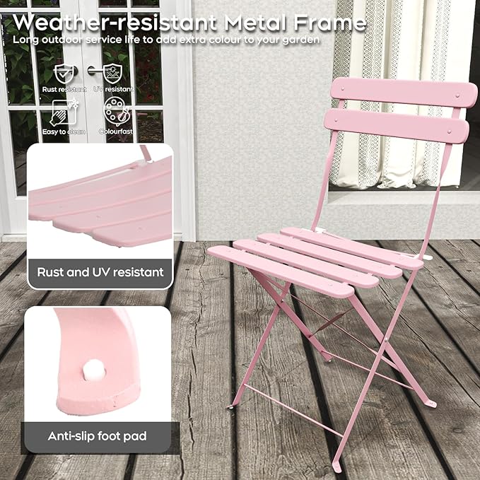 3-Piece Patio Bistro Set Outdoor Furniture Set Folding Bistro Table and Chairs with Premium Steel Frame Weather Resistant Conversation Set for Bistro Balcony Porch Yard Garden(pink with cushion)