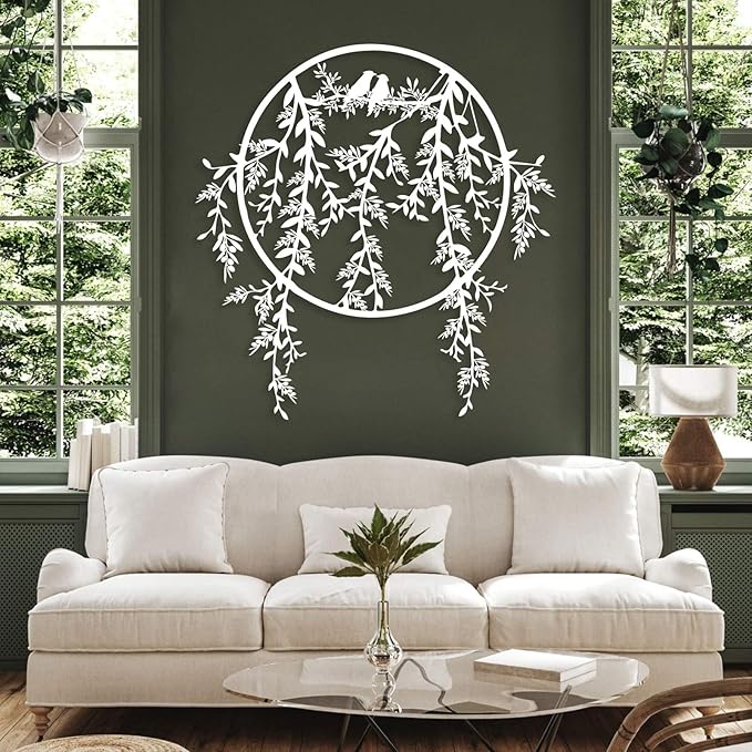 Birds on Branch Metal Wall Decor, Metal Tree Leaf Wall Art, Olive Branch Artwork, Birds Wall Decor, Olive Wall Art, Bird Decorations for The Home, Farmhouse, Living Room (Gold, 28"x26" | 70x67cm)