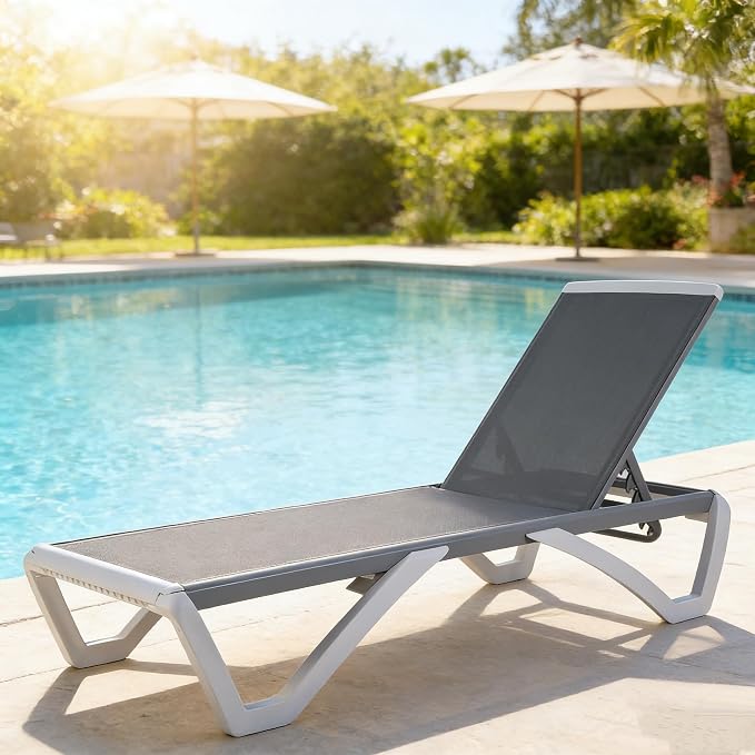 Kozyard Outdoor Chaise Lounge Chair, Fully Flat Adjustable Patio Lounger with Aluminum Frame & Resin Legs, Textilene Fabric for Poolside, Backyard & Beach (Gray)
