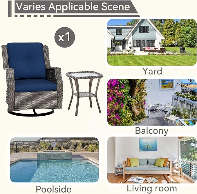Outdoor Swivel Rocker Patio Chair with Matching Side Table - 360 Degree Patio Swivel Glider Chair with 3.5" Olefin Cushions(Mixed Grey/Blue)