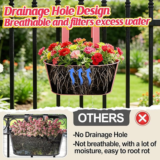 MADHOLLY Railing Planter with Drainage Holes - Sturdy Bucket Pots for Railing Fence, Countryside Style Metal Flower Pots for Herbs Balcony Garden Yard Decor, 4Pcs, Colorful