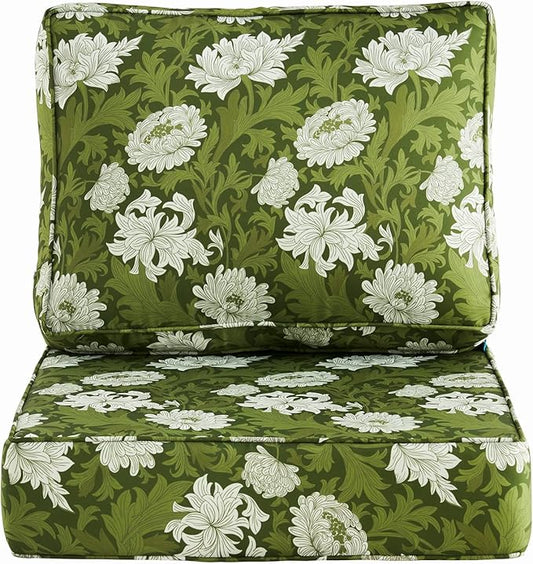 ARTPLAN 24x24 Deep Seat Patio Cushions for Outdoor Furniture,Extra 6 inch Thick,Back 18"x24",Removable,Replacement,Polyester Floral Pattern,Outdoor/Indoor,Green Flowers