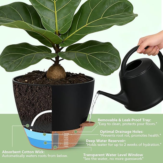 Self Watering Planters Set with Water Level Indicator, 12" 10" 9" 8" Large Plastic Flower Pots with Mesh Drainage Hole and Removable Saucer Reservoir for Indoor Outdoor Plants 4pcs (Black