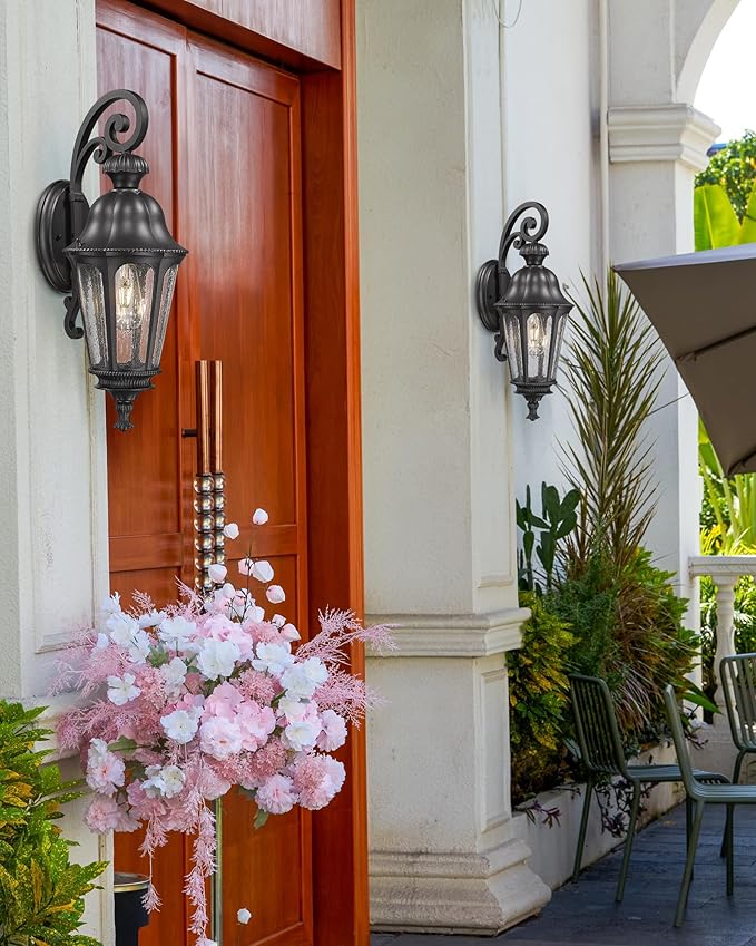 Outdoor Wall Sconce, HWH 23'' Large Exterior Wall Lights with Seeded Glass, Wall Lamp Waterproof Antique Wall Lantern for Porch Patio Garage Entryway, 5HW90B-M BK