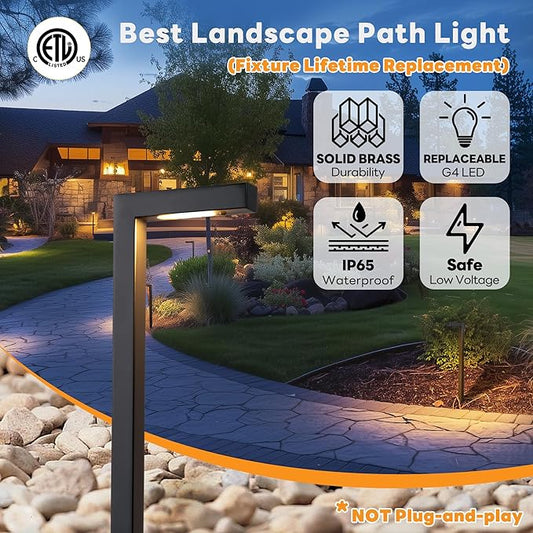Gardenreet LED Pathway Lights Brass, 12V Landscape Path Lights Wired, Low Voltage Walkway Lights Outdoor Waterproof, L Shape Black for Backyard Garden Without G4 Bulb 8 Pack