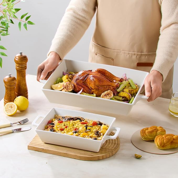 4.6&1.8 Qt Rectangular Ceramic Baking Dishes, 14&9.9 Inch Deep Casserole Lasagna Pans with Handles for Cooking, Roasting, Serving, and Daily Use, Safe for Oven Microwave Dishwasher Freezer