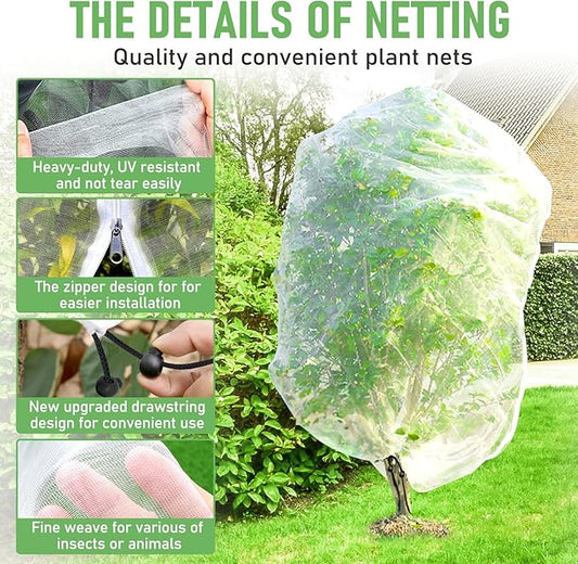 Fruit Tree Netting, Plant Mesh Netting for Garden Protection, Blueberry Bush Insect Netting Cover as Garden Pest Barrier from Cicadas, Bug, Bird (8x8 FT, 2Pcs, Zipper & Drawstring Design)