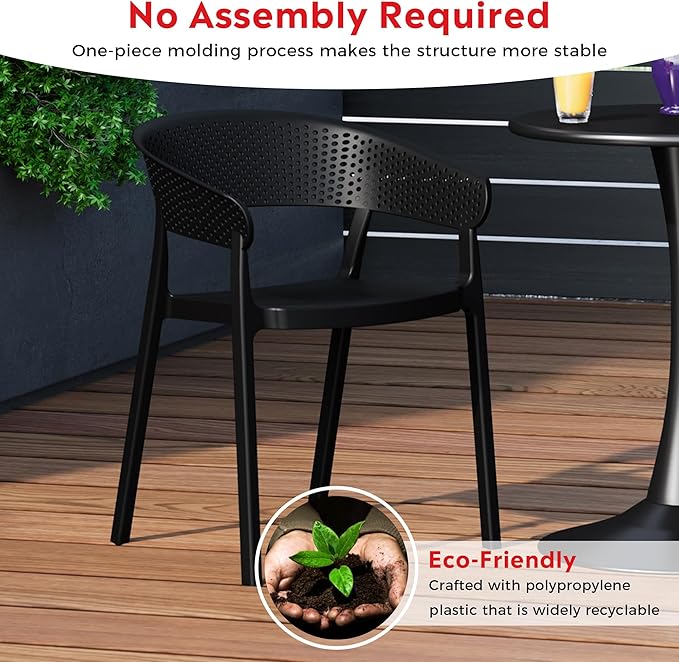 Costaelm Dining Table Set for 4, HDPE Patio Round Dining Table and Stackable Chair, Kitchen & Dining Room Sets All Weather for Backyard Porch Poolside, Black