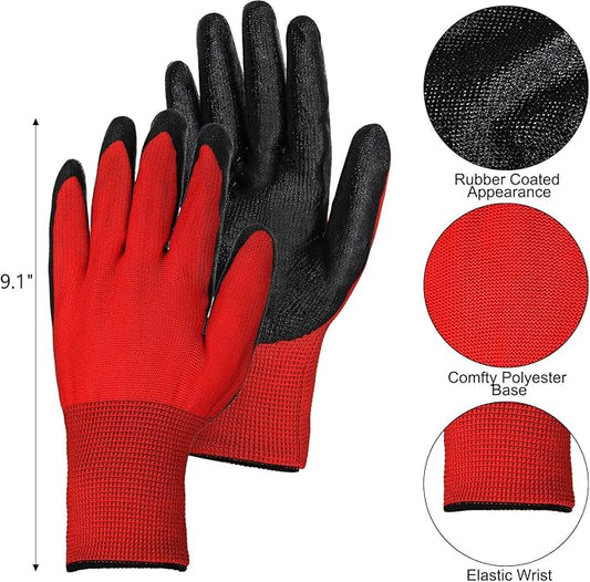 Lawei 48 Pairs Gardening Gloves for Men Women, 9 Inch Rubber Coated Safety Work Gloves Bulk, Breathable Reusable Garden Gloves for Weeding, Digging, Raking, Pruning and Construction, Black and Red