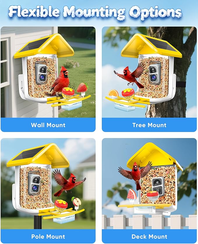 Bird Feeder with Camera Solar Powered - Smart Bird Feeder Camera 2K HD Live Stream, 5MP Photos, AI Identification for Backyard, 2.4Lb Large Capacity, Gifts for Mom Dad, Yellow White