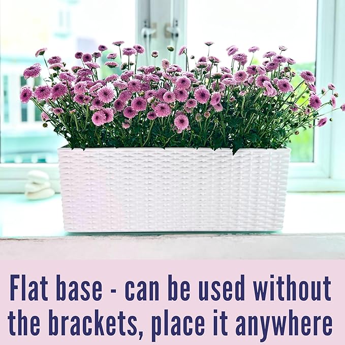 LaLaGreen Outdoor Rail Planter for Balcony (20 Inch, 2 Pack) Large White Self Watering Railing Planters with Brackets, Rectangular Plastic Fence Modern Window Boxes Designer Choice with Rattan Pattern