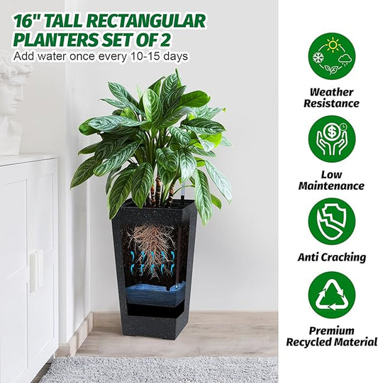 Garvee 16" Tall Planters Set of 2, Outdoor&Indoor Black Planter Pots, High Front Porch Planter Pots with Drainage Holes&Water Level Monitor&Inner Bucket,Black