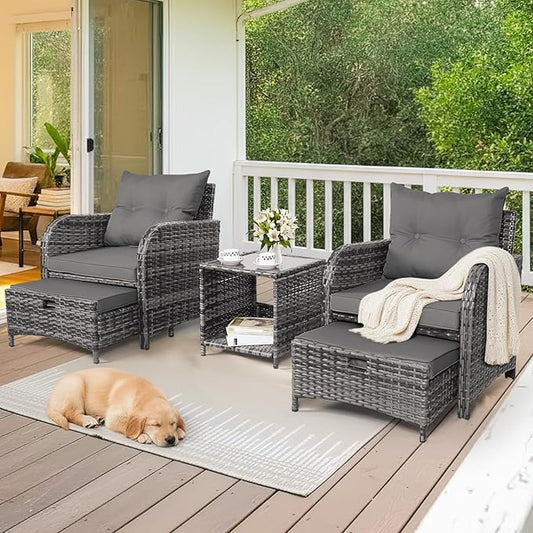 5 Pieces Wicker Outdoor Patio Chairs Set with Ottoman, Patio Furniture Set with Foot Rest Underneath, PE Rattan Garden Arm Chairs with Hidden Ottoman for Poolside Garden Balcony, Grey