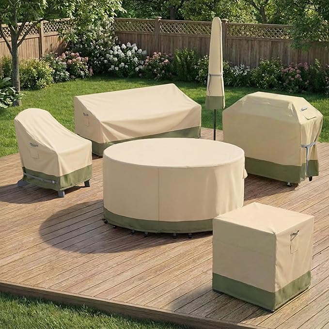 COWVIE Round Patio Dining Set Cover for Outdoor Table and Chairs, 600D Waterproof and UV-Resistant Fabric Patio Furniture Cover with Storage and Air Vent, 120''Dia x 32''H