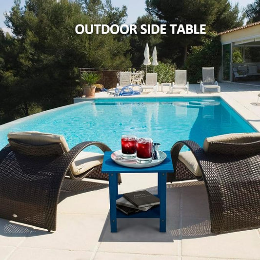 2 Tier Outdoor Side Table with Wood-Like Grain, 16.6" HDPE Adirondack Table Patio Side Table, Weather Resistant End Table for Pool, Patio & Porch, Small Outdoor Table(Navy Blue, Rectangle)