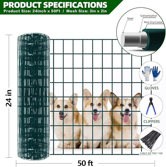 Welded Wire Fence, 50ft(L) x 24inch(H) Garden Fence for Dog, 2 Inch x 3 Inch 16GA Fencing for Chicken, PVC Coated Anti-Rust Roll Metal Wire Mesh Fence for Yard Vegetable, Green