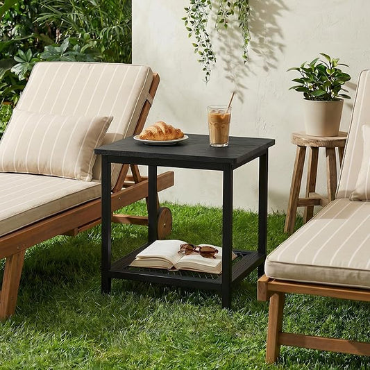 2-Tier Outdoor Side Table with Storage, Weather Resistant Patio End Table, HDPS Small Accent Table for Deck, Garden, Pool, Backyard, Black 2pcs