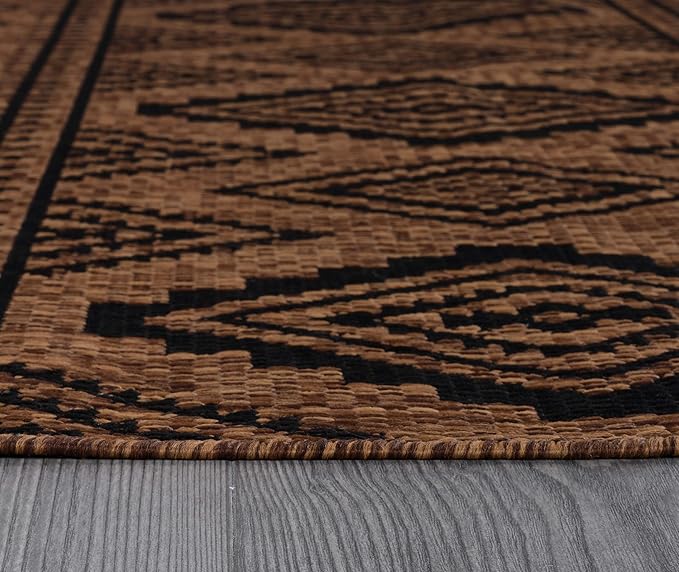 Beverly Rug Waikiki Boho Indoor Outdoor Rug 9x12, Washable Outside Carpet for Patio, Deck, Porch, Bohemian Area Rug, Farmhouse Rugs, Aztec Tribal Rug, Nut Brown and Black