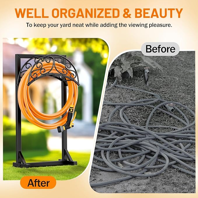 Garden Hose Holder for Outside & Garden Hose Splitter, Upgraded Water Hose Holders with 5 Spikes & 2 Shepherds Hooks, Brass 3 Way Hose Splitter Heavy Duty With Extension Handle