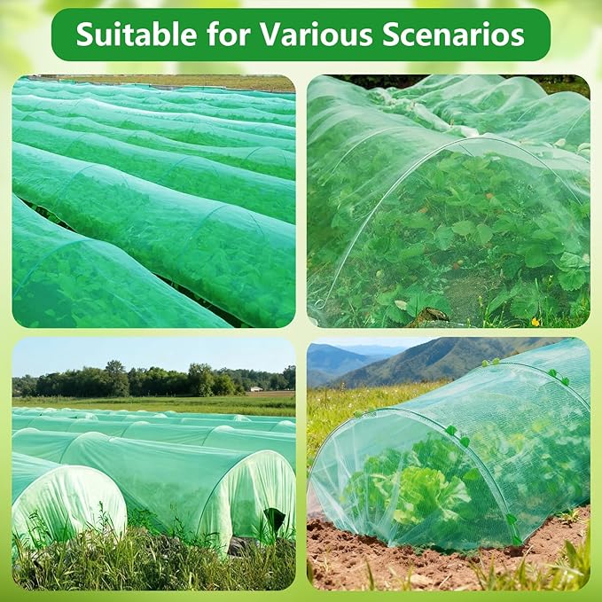 Garden Mesh Netting Kit for Raised Beds, 10x30FT Green Garden Netting &6 Sets Fiberglass Garden Hoops, Row Cover Garden Netting Pest Barrier Plant Protection for Vegetable Flowers Fruits