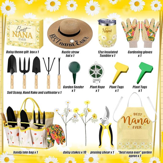 Lasnten 16 Pcs Mothers Day Garden Gift for Nana Women Dasiy Gardening Supplies Birthday Garden Tools Set from Daughters Gloves Apron Insulation Cup Fork Trowel Tote Bags for Plant Present