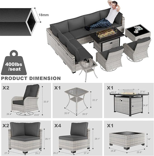 11-Piece Patio Furniture Set, Outdoor Patio Furniture with 55,000 BTU Fire Pit Table, Swivel Chairs Set, Thick Cushions, Modular Patio Sofa, Dual-Strand Wicker Rattan, Rust-Resistant Frame, Black