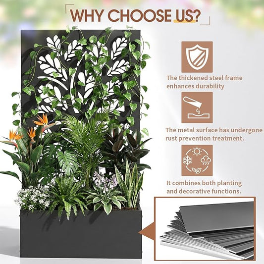 Outvita Metal Planter Box with Trellis, 43’’ x 24’’ x 9’’ Raised Garden Bed with Drainage Holes for Climbing Plants, Vegetables, Vines, Leaf Cut-Out Privacy Planters for Patio (Black)