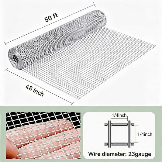 Amagabeli Galvanized Hardware Cloth 1/4 inch 48inx50ft 23 Gauge Chicken Wire Fence Welded Wire Mesh Roll Plant Supports Poultry Netting Garden Bed Animal Cage Snake Rabbit Gopher Rodent Proof