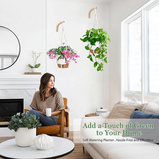 10 Inch Hanging Planters for Indoor Plants, 2 Pack Self Watering Hanging Baskets Flower Pots with Drainage Hole, Visual Reservoir & 2 Kinds of Plant Hanger for Outdoor Garden Home Decor (White)