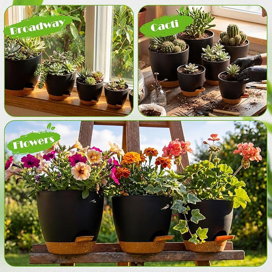Remerry 15 Pcs 7/6.5/6/ 5.5/5 Inch Self Watering Planters with Drainage Hole Plant Pots Plastic Flower Pots Self Watering Pot and Saucer Reservoir for Garden Plant Flower(Black)