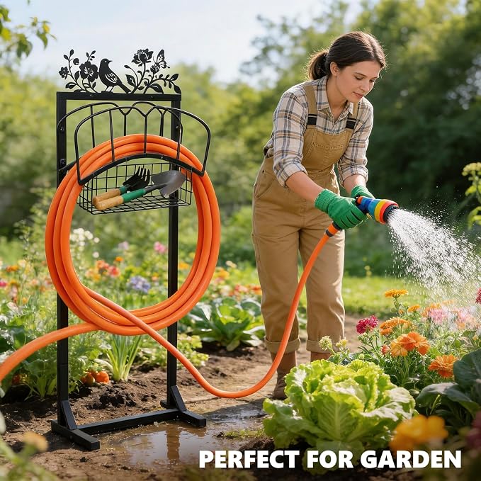 Garden Hose Holder with Metal Decor Signs, Adjustable Height Stable Water | Hose Reel Holders with Holds 150 ft Pipe, Storage Hanger Basket Rack Freestanding Decorative Stand for Outdoor Yard Lawn Farm