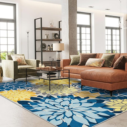 Colorful 6x9 Outdoor Area Rug Washable Multicolored Patio Rug Tropical Botanical Floral Chenille Waterproof Outdoor Carpet Non-Slip for Patio, Deck, Backyard, Porch, Ocean Dahlia