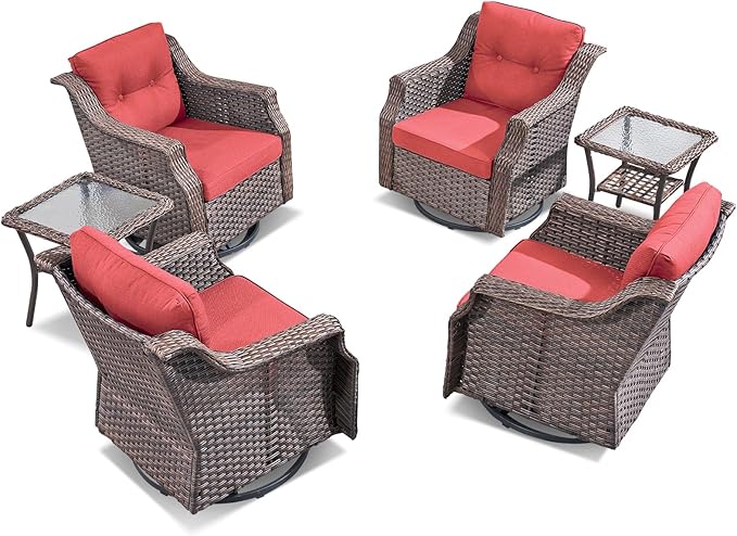 Patio Wicker Chairs Swivel Rocker-Outdoor Swivel Rocker Chair Set of 4 with All Weather Wicker Glider Rocker Set, PE Rattan Swivel Rocking Chair with 2 Side Table for Balcony Deck Porch Brown/Red