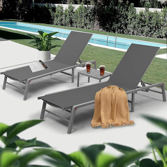 Kozyard 3 Packs Lounge Chair Outdoor Set, Foldable Outdoor Lounge Chair with 5 Adjustable Backrest Patio Lounger, Recliner and Full Flat Chairs for Patio, Beach, Pool (2 Gray Textilence W/Table)