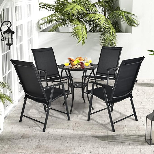 Tangkula Set of 6 Patio Folding Chairs, Outdoor Fabric Dining Chairs with High Back & Armrests, Sturdy Metal Frame for Patio Lawn Garden (Black)