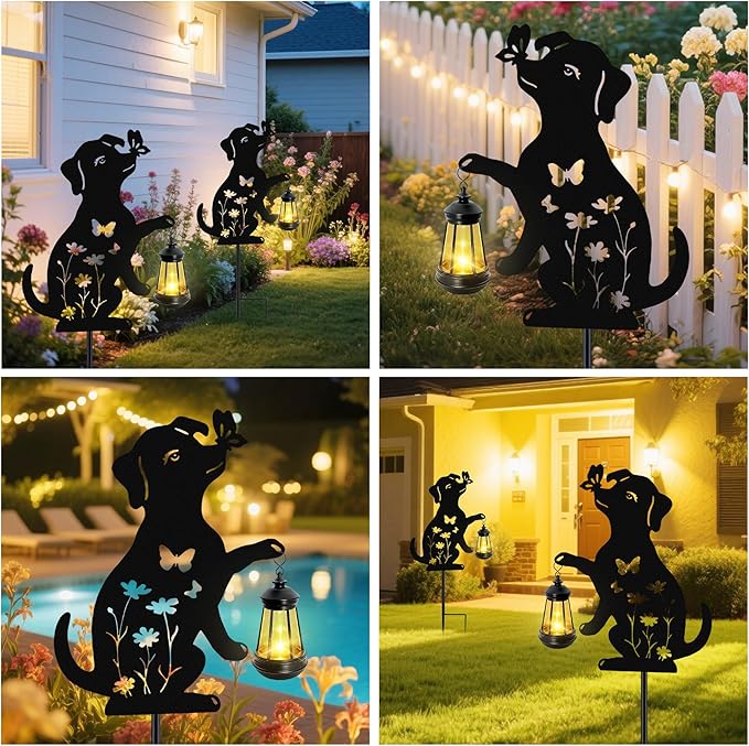 Solar Lights Outdoor, 2 Pack Metal Dog Solar Lights, Christmas Birthday Gifts for Women Mom Mother's Day, Waterproof Metal Hanging Lantern Stakes Garden Decor Outside Patio Yard Pathway Backyard,Lawn