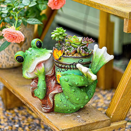 Sungmor Frog Garden Statue Succulent Pot, Funny Garden Frog Holding Bucket Figurines Indoor Outdoor Decorative Planters, Resin Frog Ornament Home Office Yard Lawn Decor