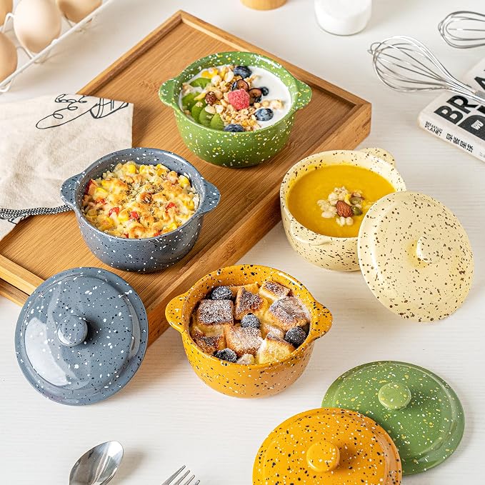 Individual Serving Pot Set of 4-10 Oz Ceramic Mini Cocotte with Handles & Lids - Great for Souffle, Soup, Cobbler, Stoneware Baking Ramekins, Oven Compatible,Gray