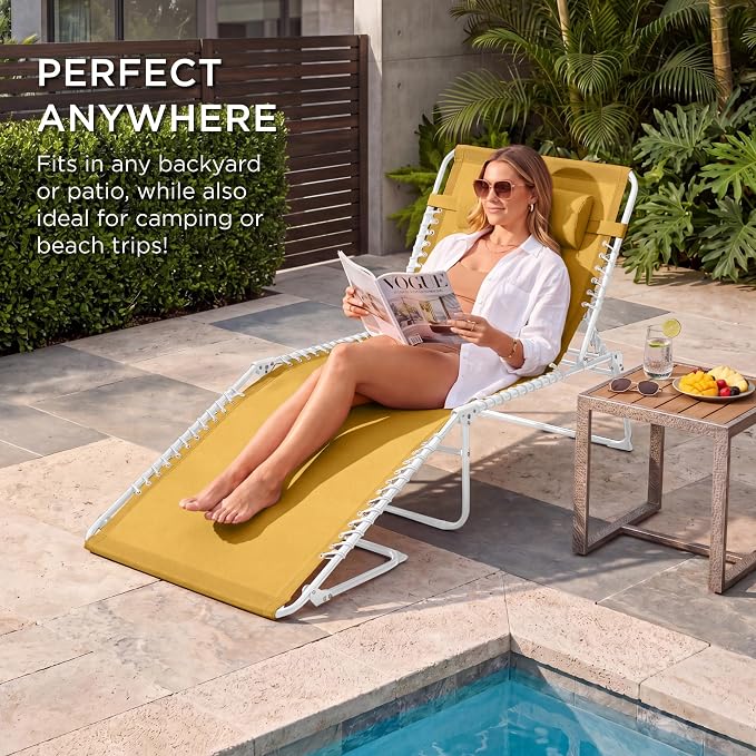 Best Choice Products Extra Wide Patio Chaise Lounge Chair, Portable Outdoor Folding Recliner for Lawn, w/ 8 Positions, Handles, 440lb Capacity - Marigold/White