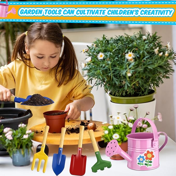 130 Pcs Kids Garden Tools Set Include 6 Pcs Small Metal Watering Can 24 Gardening Tools Kit Shovel, Rake, Fork and Trowel with Wooden Handle and 100 Stickers for Kids Beach Planting Gifts