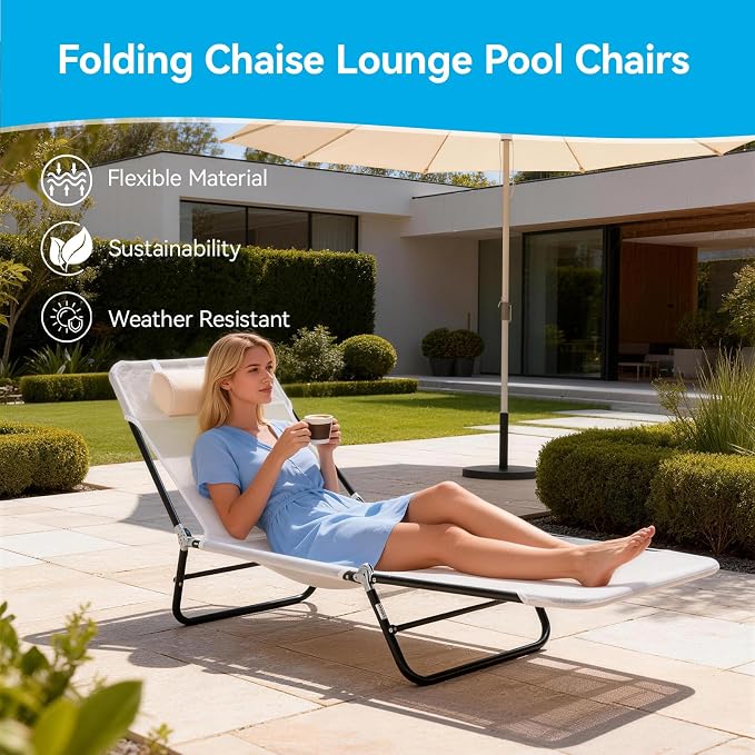 Outdoor Chaise Lounge with Detachable Pillow, Reclining Folding Chair with 5-Position Adjustable Back, Portable Tanning Chair For Beach, Pool, Lawn, Breathable Mesh Seat, No Assembly (Cream White)
