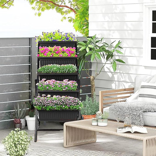 Homdox 5-Tier Elevated Garden Bed with Lockable Caster Wheels - Freestanding Vertical Raised Bed with 5 Garden Planter Boxes- Perfect to Grow Vegetables Herbs Flowers Indoor(Black)
