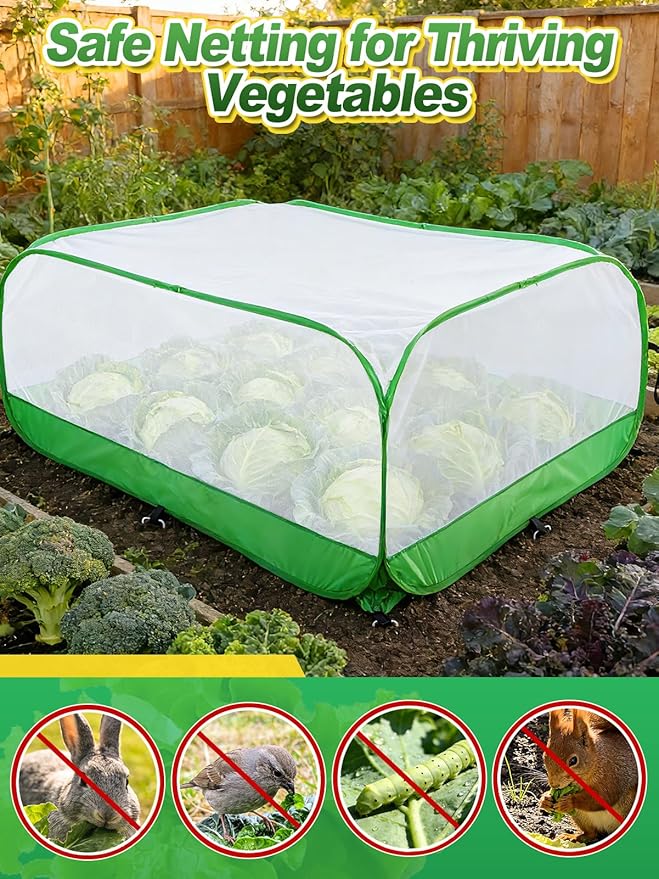 Pop Up Garden Netting for Square Raised Beds - 4'L x 4'W x 2'H Ultra Fine Mesh Net Plant Cover with 8 Stakes, Protection for Vegetables Fruit from Birds Pests