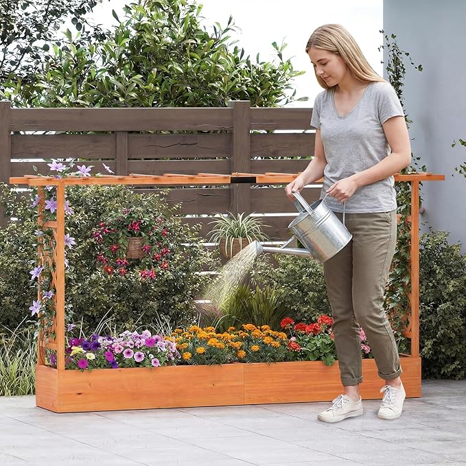 S AFSTAR Raised Garden Bed with Trellis, 2 Pieces Fir Wood Planter Box with Flat Roof & Drainage Holes, Vertical Planter Raised Bed for Climbing Plants, Flowers & Vegetables, 87" x 14" x 45" (Orange)